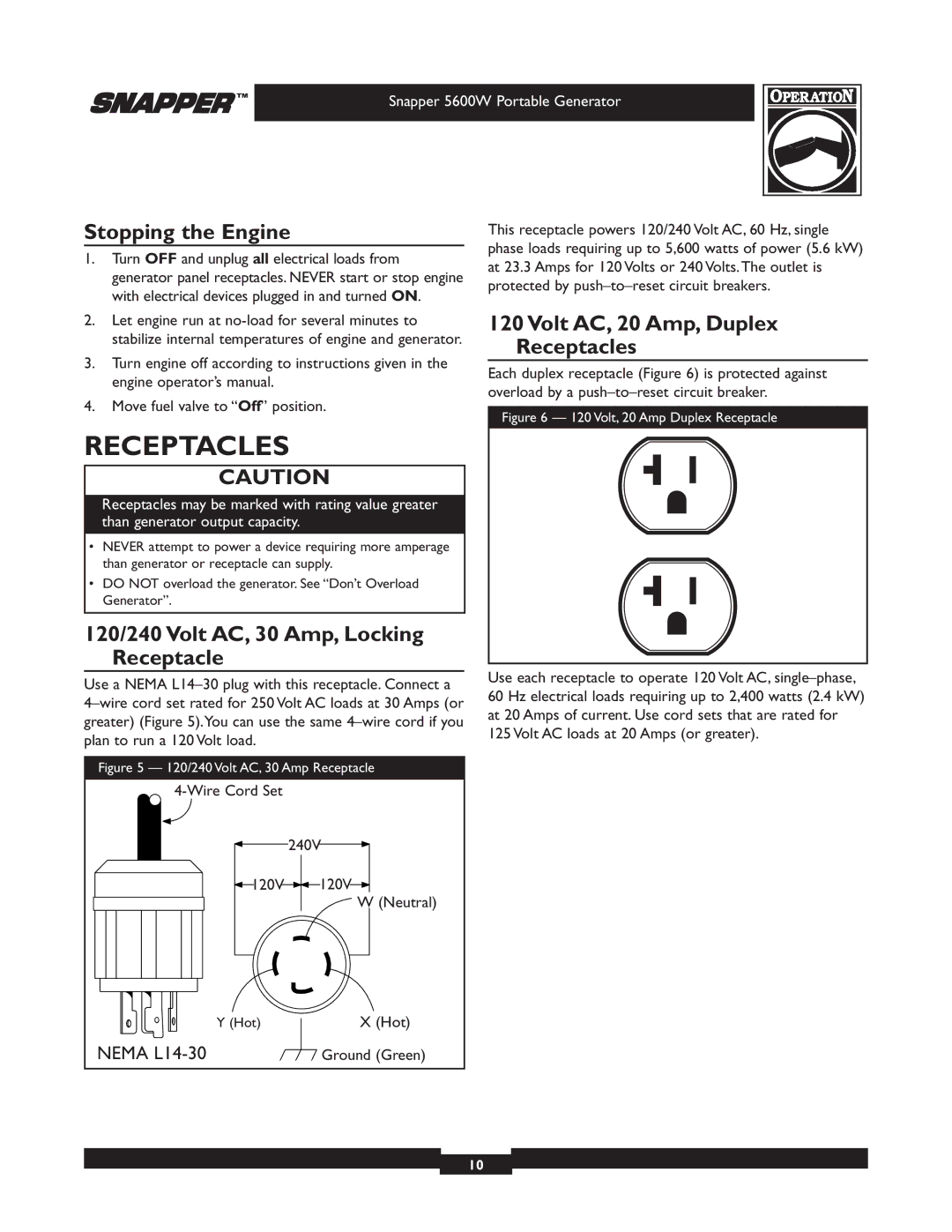 Snapper 030215-1 Stopping the Engine, Volt AC, 20 Amp, Duplex Receptacles, 120/240 Volt AC, 30 Amp, Locking Receptacle 