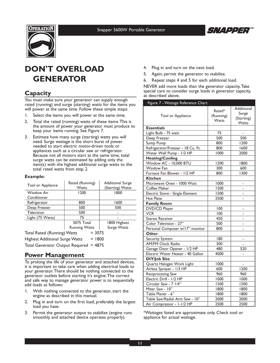 Snapper 030215-1 manual Dont Overload Generator, Capacity, Power Management, Example 