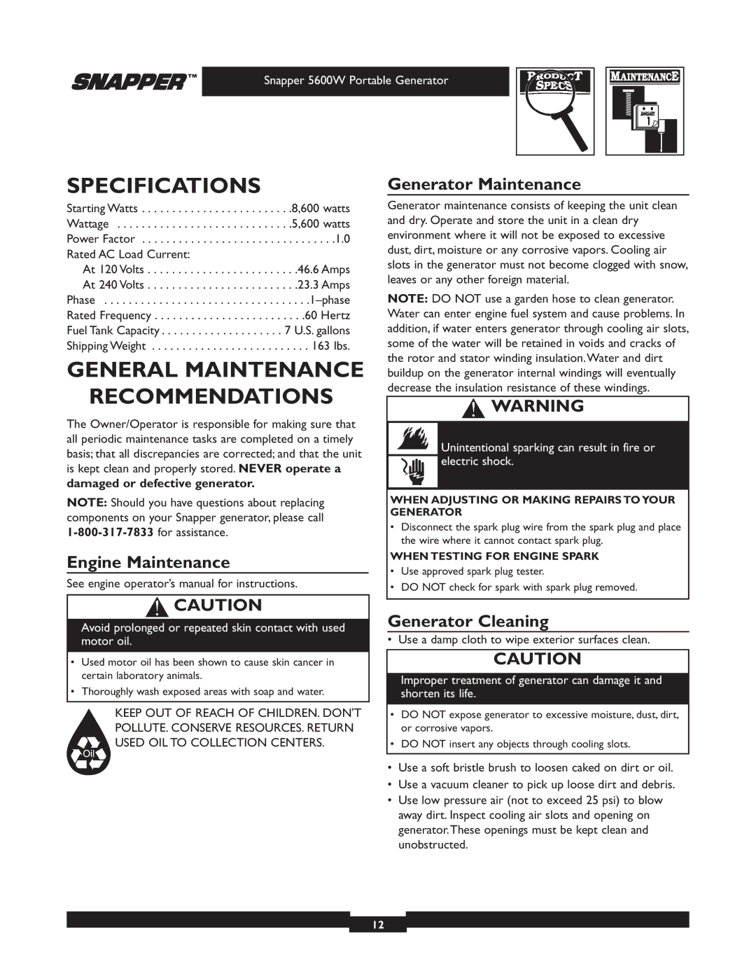 Snapper 030215-1 manual Specifications, General Maintenance Recommendations, Engine Maintenance, Generator Maintenance 