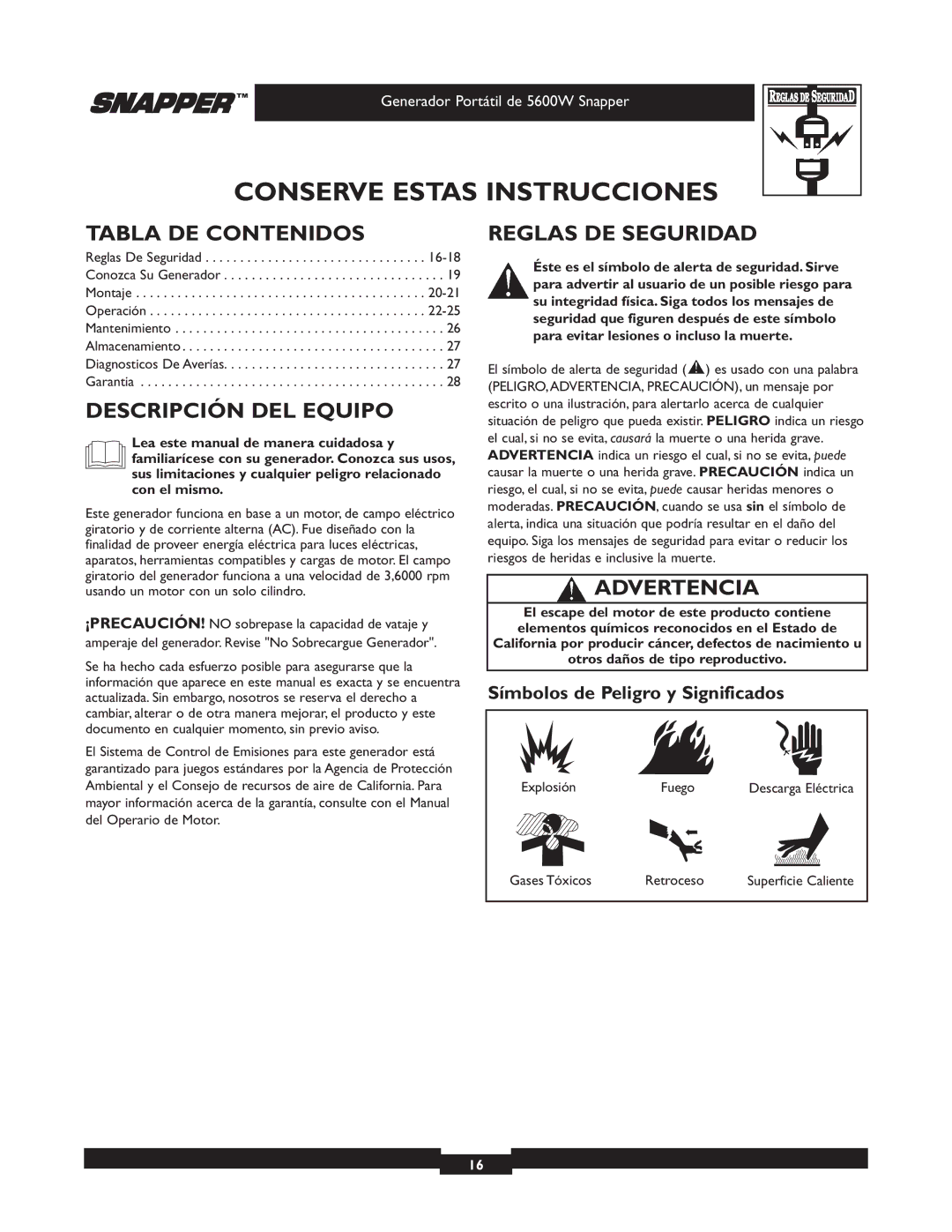 Snapper 030215-1 manual Tabla DE Contenidos, Descripción DEL Equipo, Reglas DE Seguridad, Advertencia 