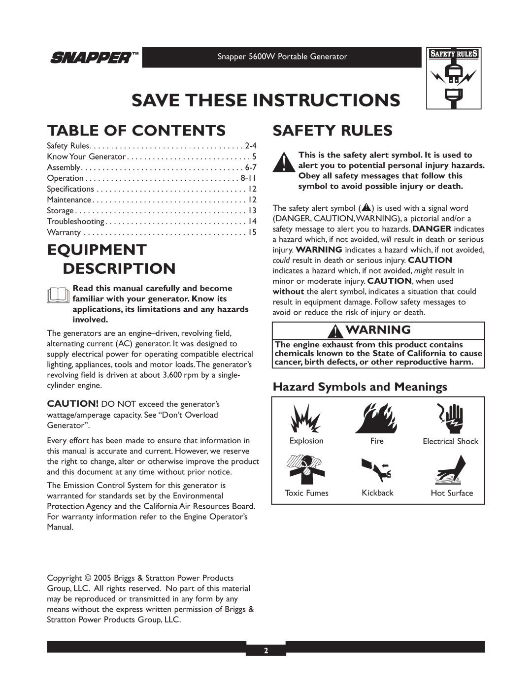 Snapper 030215-1 manual Table of Contents, Equipment Description, Safety Rules 