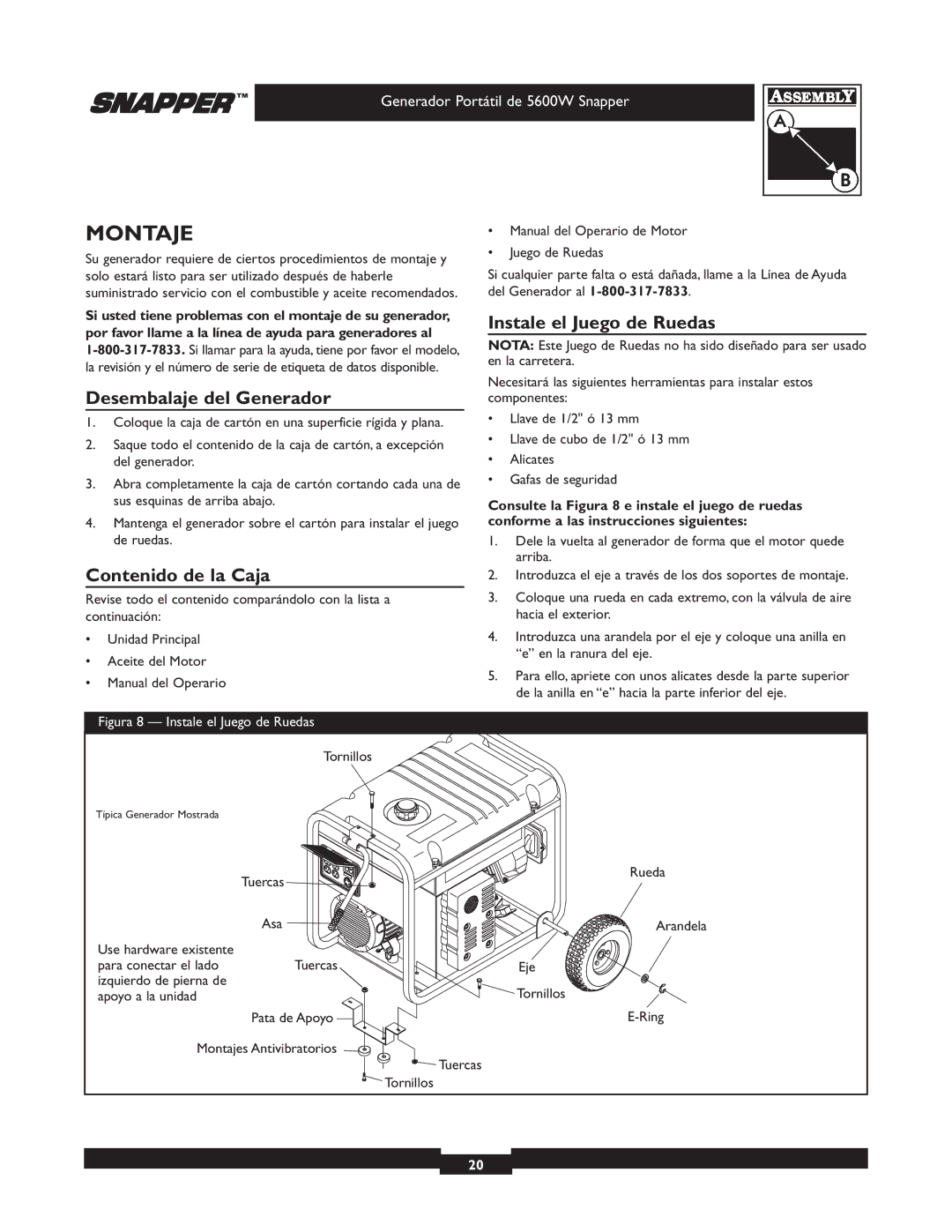 Snapper 030215-1 manual Montaje, Desembalaje del Generador, Contenido de la Caja, Instale el Juego de Ruedas 