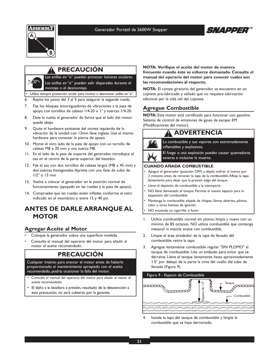 Snapper 030215-1 Antes DE Darle Arranque AL Motor, Agregar Aceite al Motor, Agregue Combustible, Cuando Añada Combustible 