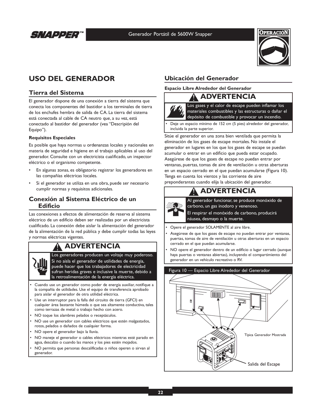 Snapper 030215-1 manual USO DEL Generador, Tierra del Sistema, Conexión al Sistema Eléctrico de un Edificio 