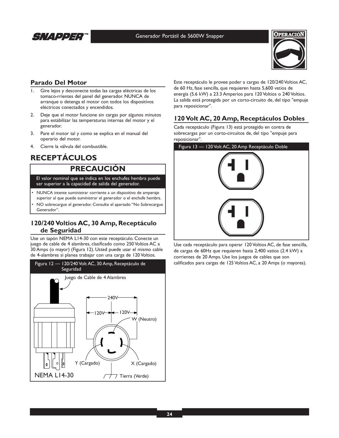 Snapper 030215-1 manual Receptáculos Precaución, Parado Del Motor, Volt AC, 20 Amp, Receptáculos Dobles 