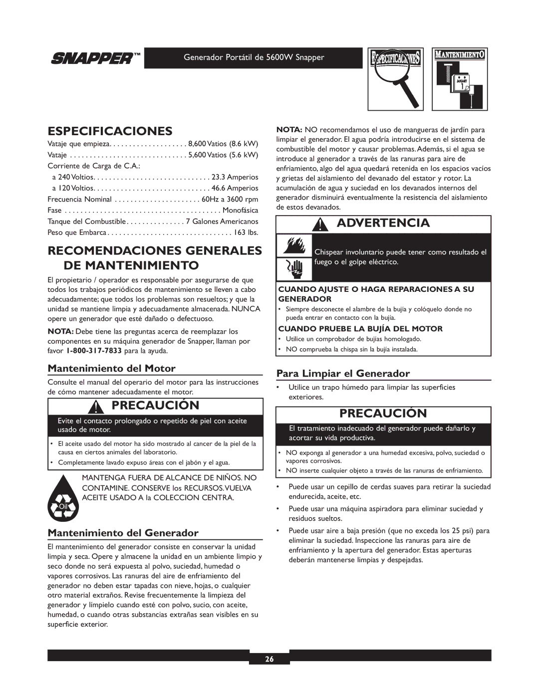 Snapper 030215-1 manual Especificaciones, Recomendaciones Generales DE Mantenimiento, Mantenimiento del Motor 