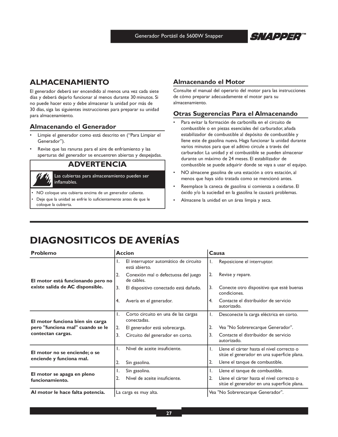 Snapper 030215-1 manual Diagnositicos DE Averías, Almacenamiento, Almacenando el Generador, Almacenando el Motor 