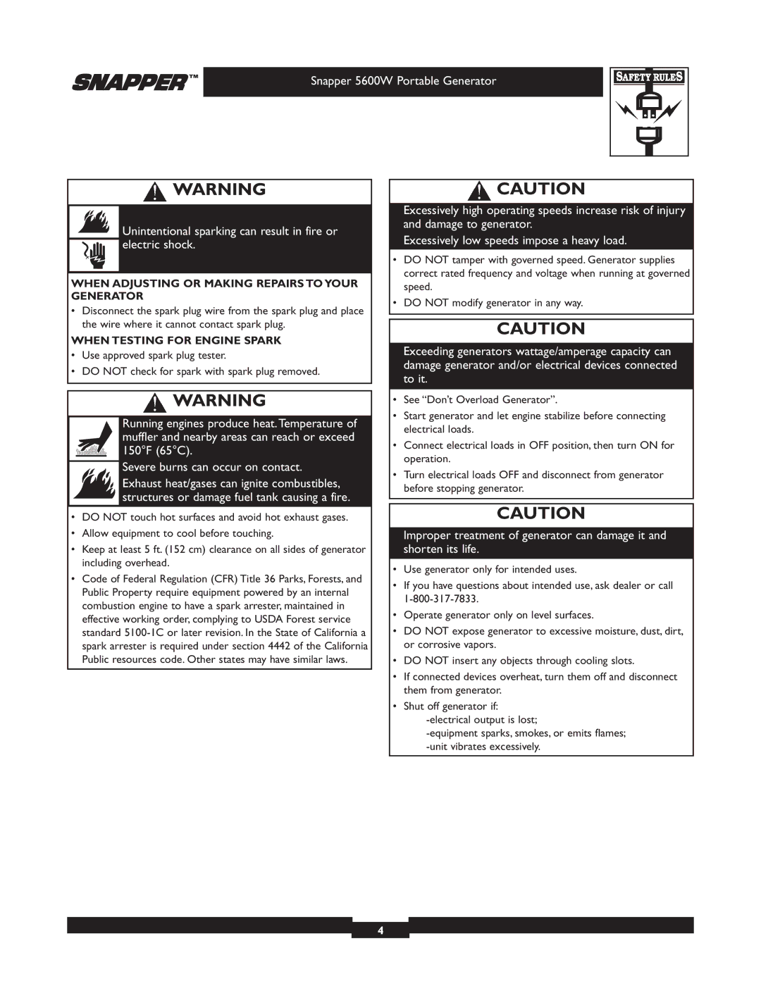 Snapper 030215-1 manual When Adjusting or Making Repairs to Your Generator, When Testing for Engine Spark 