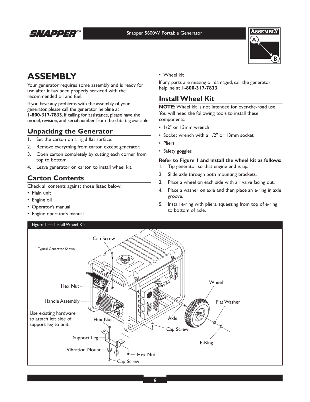 Snapper 030215-1 manual Assembly, Unpacking the Generator, Carton Contents, Install Wheel Kit 