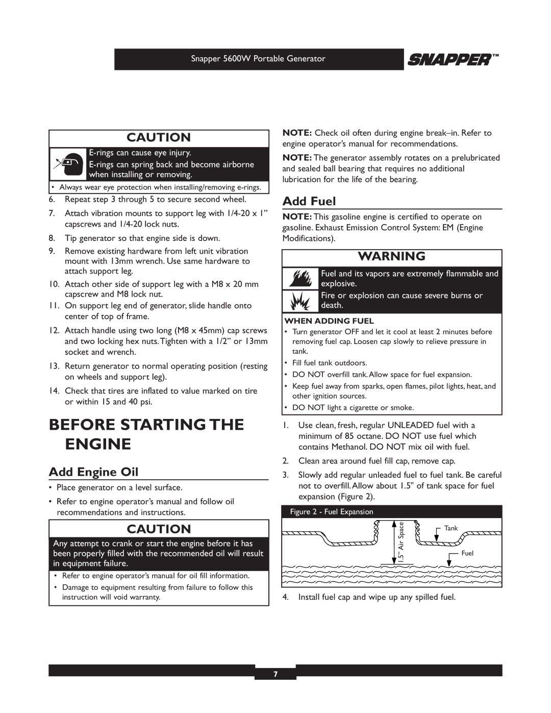 Snapper 030215-1 manual Before Starting the Engine, Add Engine Oil, Add Fuel, When Adding Fuel 