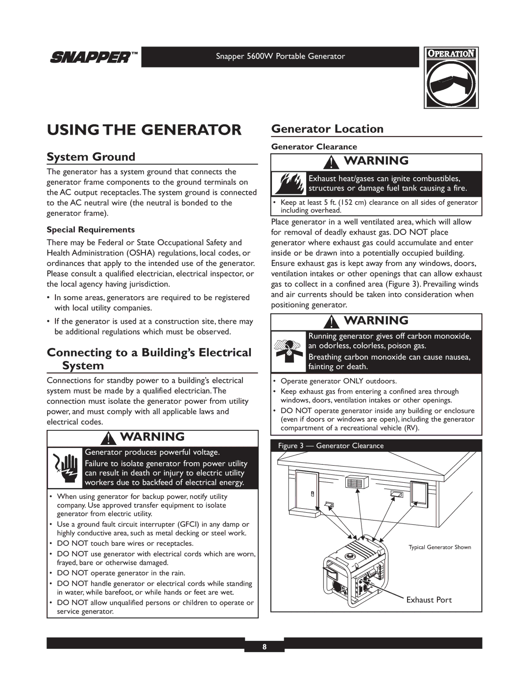 Snapper 030215-1 Using the Generator, System Ground, Connecting to a Building’s Electrical System, Generator Location 