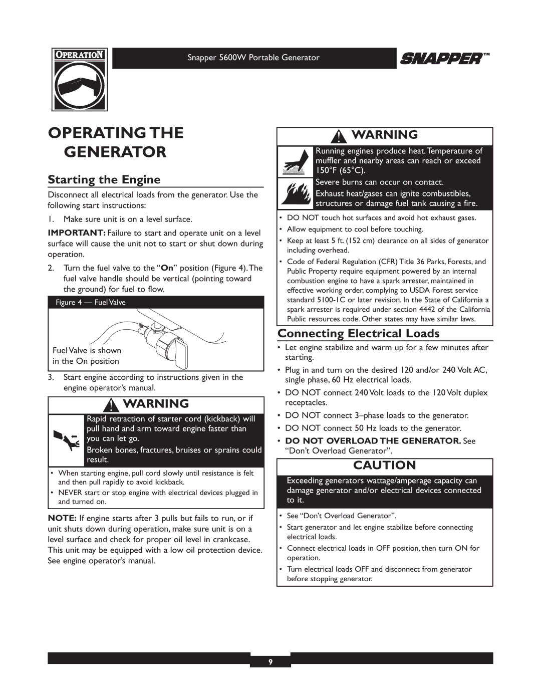 Snapper 030215-1 manual Operating Generator, Starting the Engine, Connecting Electrical Loads 