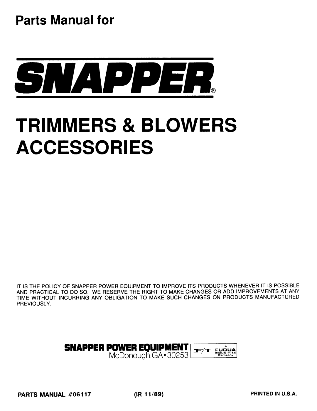 Snapper 06117 manual 
