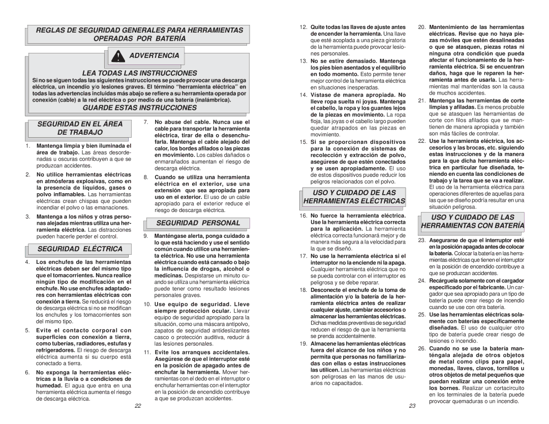 Snapper 0779-20 Guarde Estas Instrucciones, Seguridad EN EL Área DE Trabajo, USO Y Cuidado DE LAS Herramientas Eléctricas 