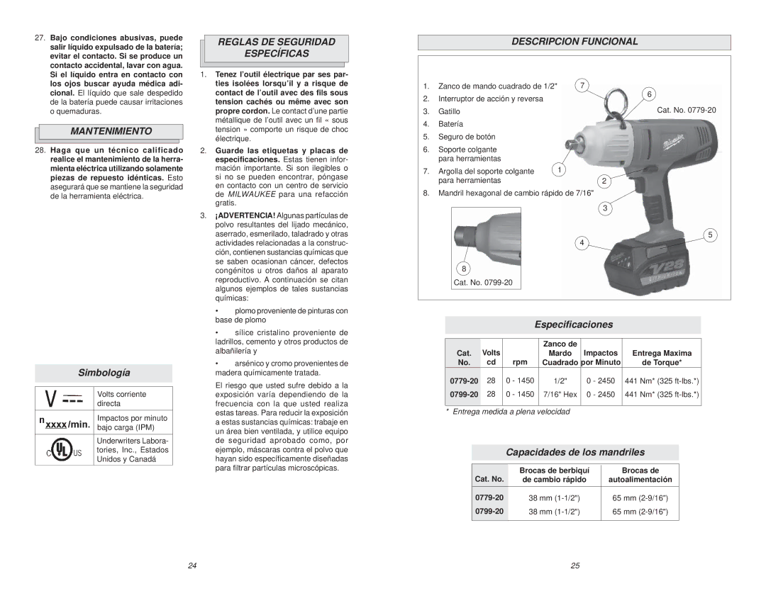 Snapper 0799-20, 0779-20 Reglas DE Seguridad Específicas Descripcion Funcional, Mantenimiento, Simbología, Especiﬁcaciones 