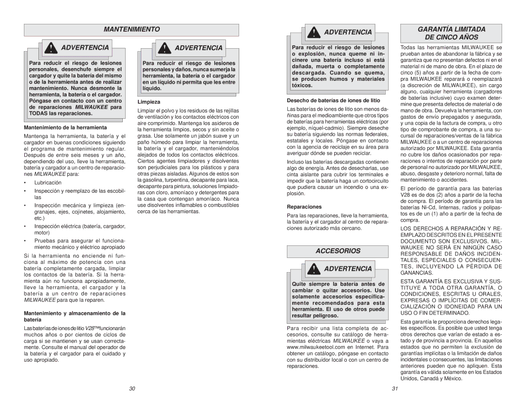 Snapper 0779-20, 0799-20 manual Mantenimiento Advertencia Garantía Limitada, DE Cinco Años, Accesorios Advertencia 