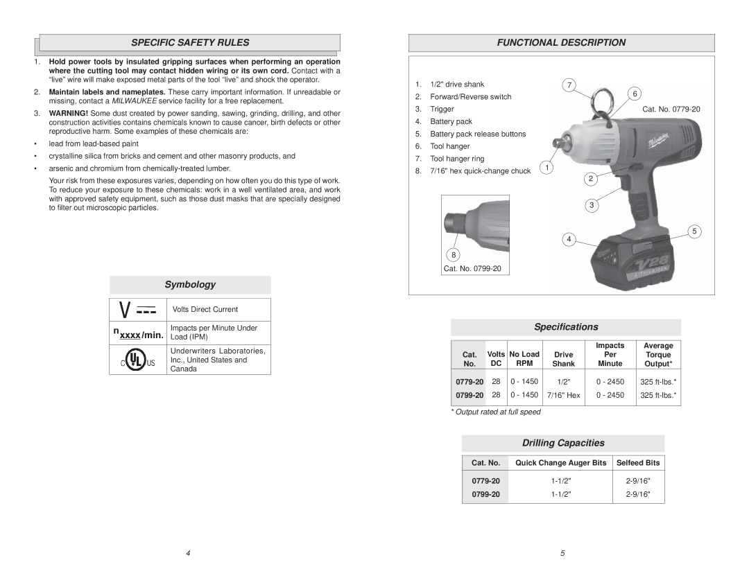 Snapper 0799-20, 0779-20 manual Specific Safety Rules, Symbology, Functional Description, Speciﬁcations, Drilling Capacities 