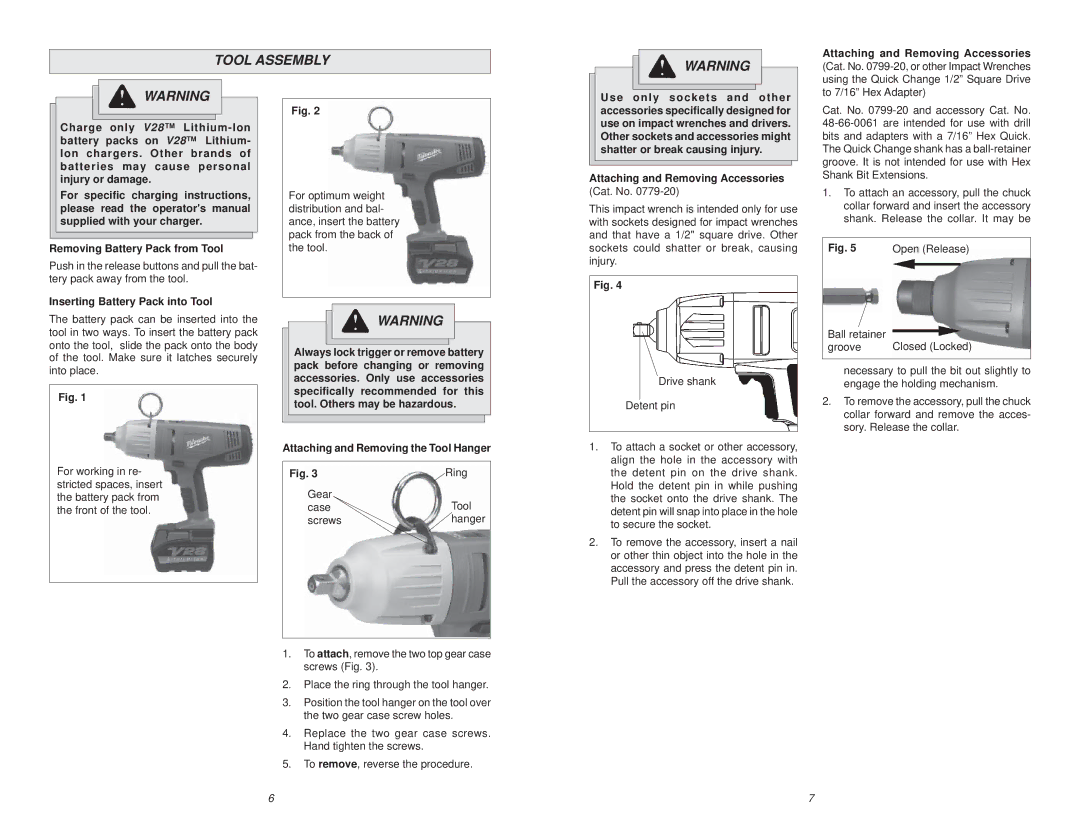 Snapper 0779-20, 0799-20 manual Tool Assembly, Attaching and Removing Accessories, Removing Battery Pack from Tool 