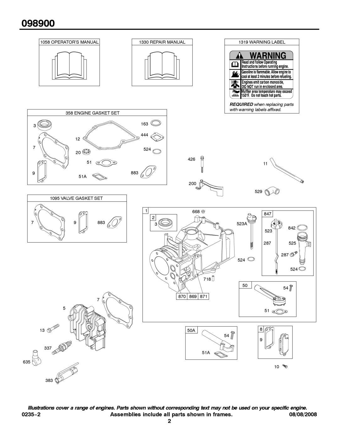 Snapper 098900 service manual Required when replacing parts 