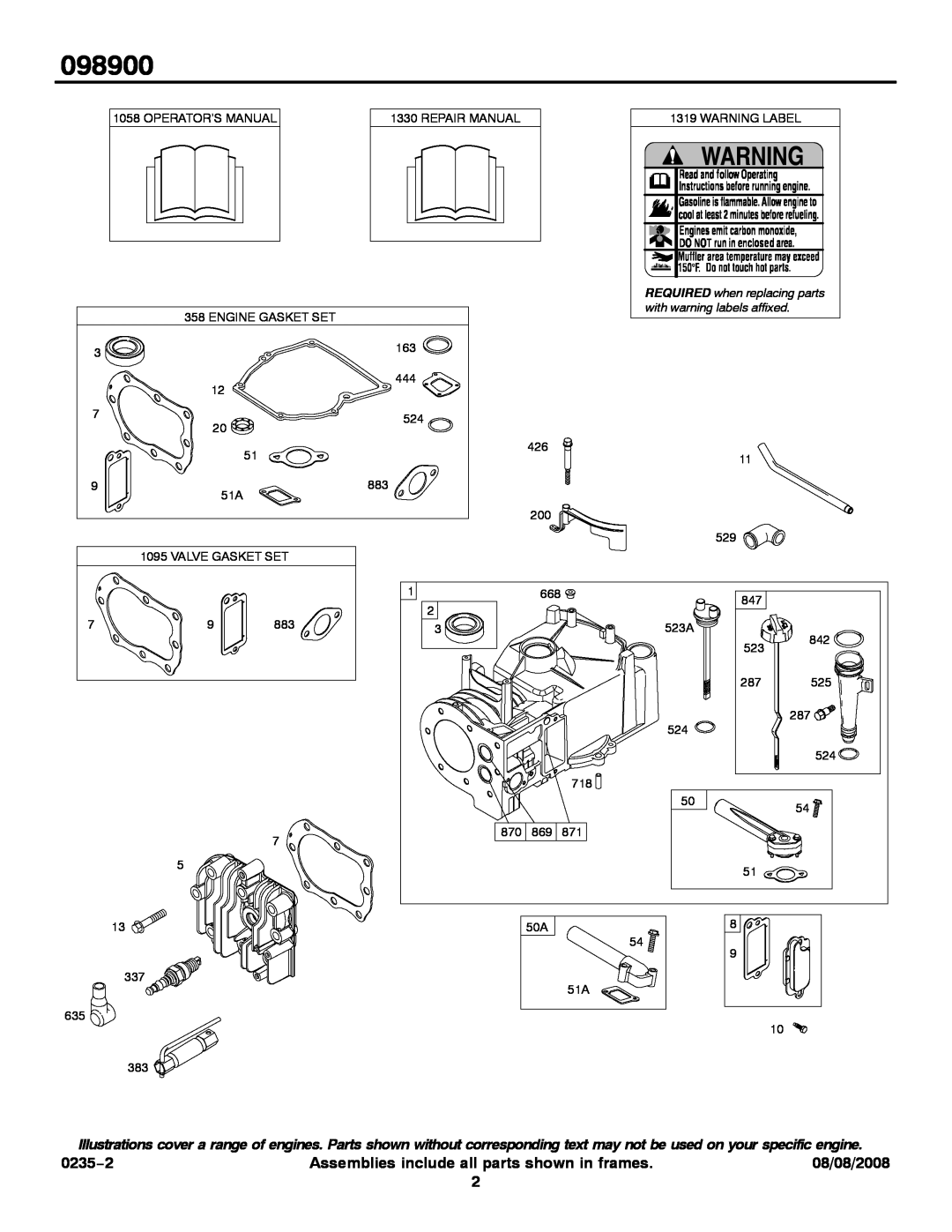 Snapper 098900 0235−2, Assemblies include all parts shown in frames, 08/08/2008, REQUIRED when replacing parts 