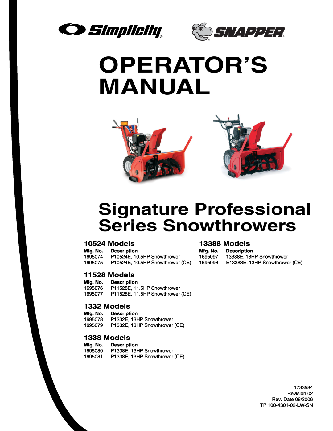Snapper 10524, 11528, 1332, 1338, 13388 manual Operator’S Manual, Signature Professional Series Snowthrowers, Mfg. No 