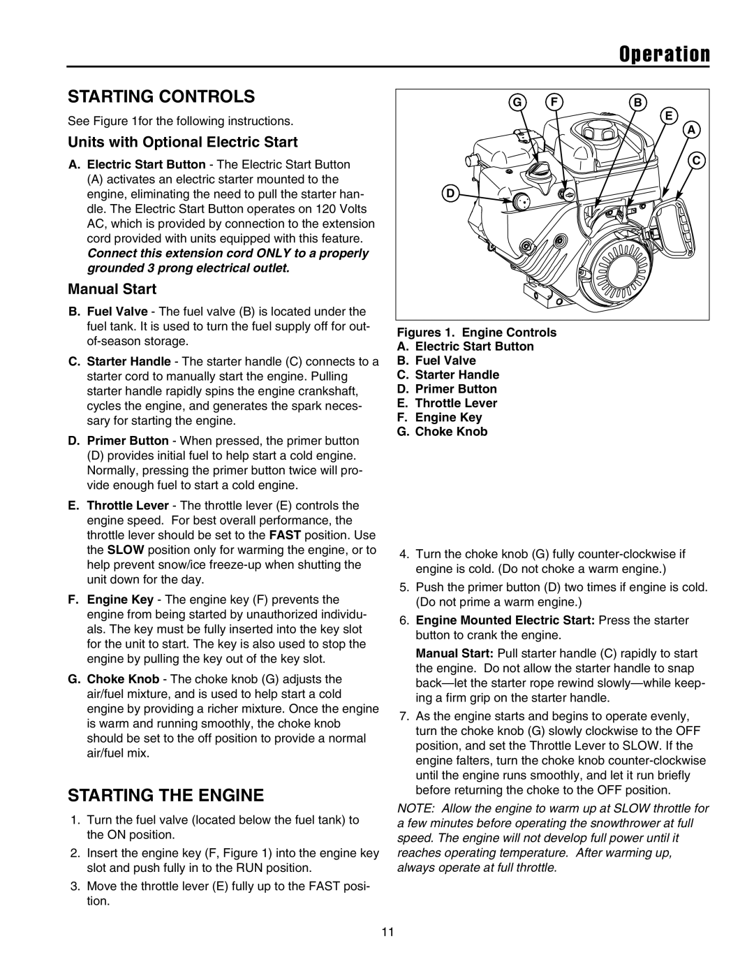 Snapper 10524, 11528, 1332, 1338, 13388 manual Starting Controls, Starting the Engine, Units with Optional Electric Start 