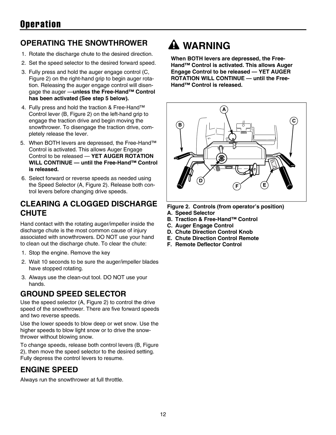 Snapper 10524, 11528, 1332, 13388, 13388 manual Operating the Snowthrower, Clearing a Clogged Discharge Chute, Engine Speed 