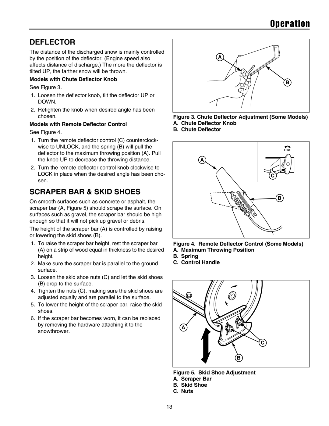 Snapper 10524, 11528, 1332, 1338, 13388 manual Scraper BAR & Skid Shoes, Models with Chute Deflector Knob 