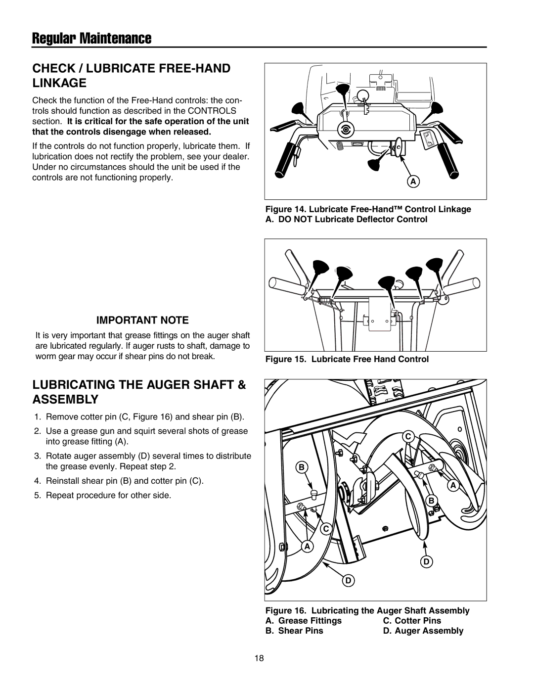 Snapper 10524, 11528, 1332, 13388, 13388 manual Check / Lubricate FREE-HAND Linkage, Lubricating the Auger Shaft & Assembly 