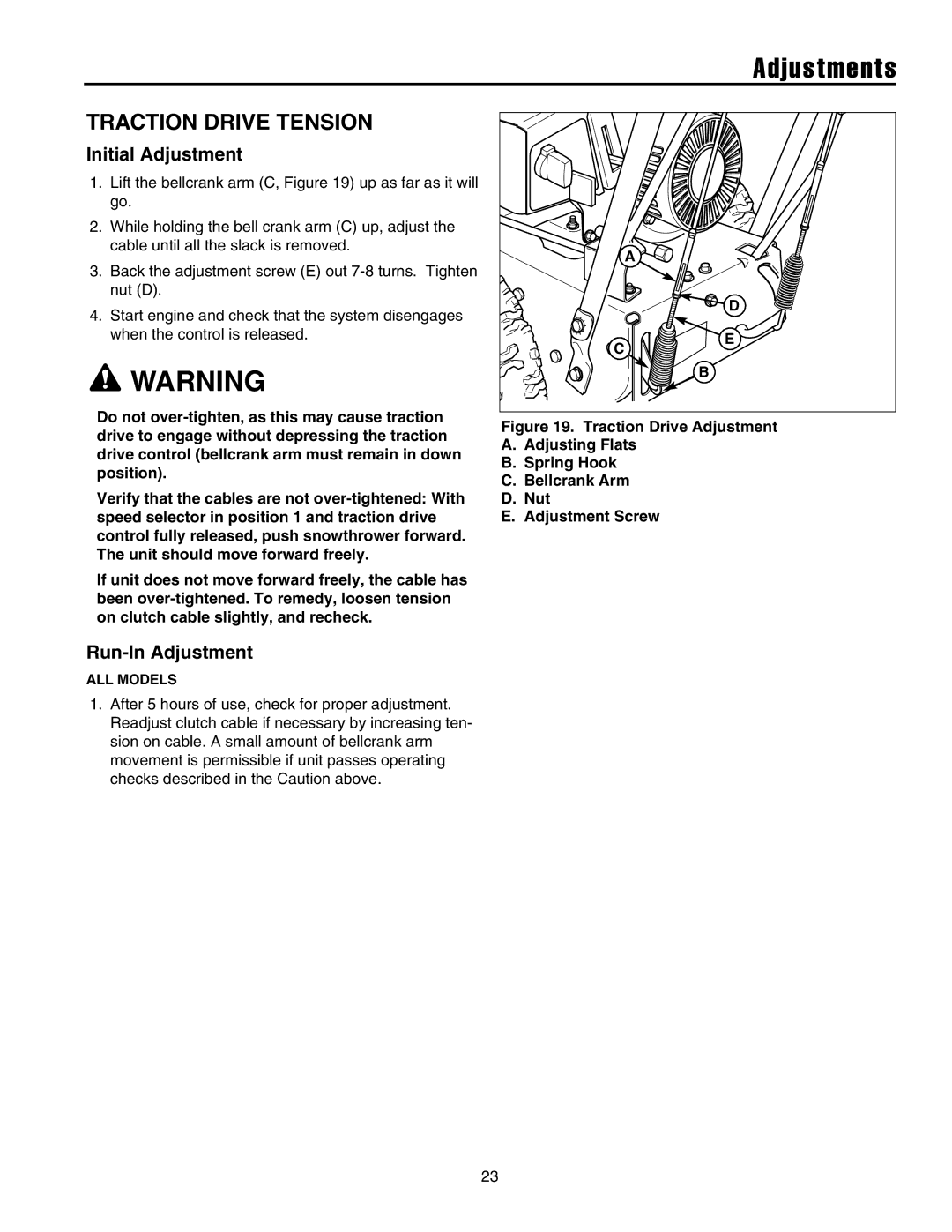 Snapper 10524, 11528, 1332, 1338, 13388 manual Traction Drive Tension, Initial Adjustment, Run-In Adjustment 