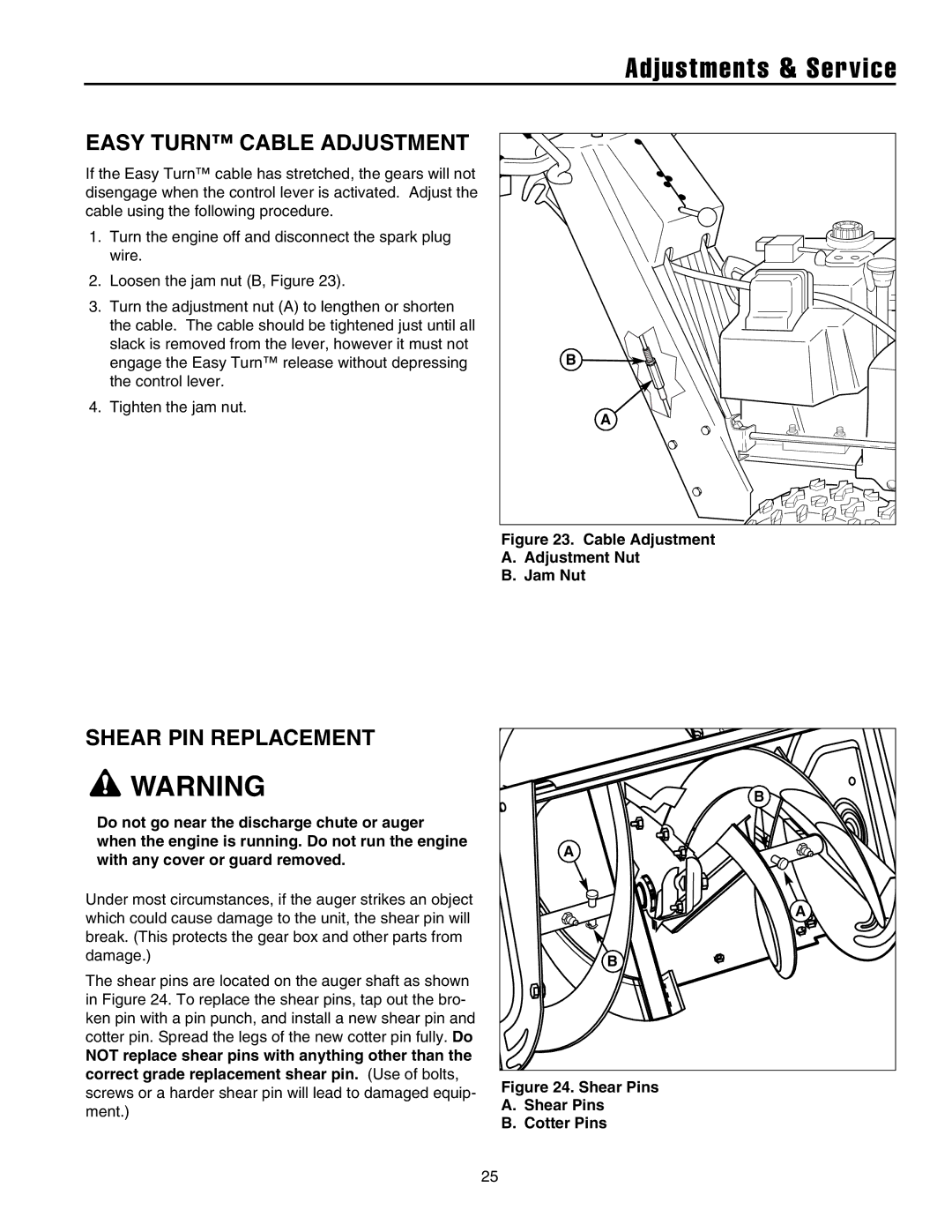 Snapper 10524, 11528, 1332, 1338, 13388 manual Adjustments & Service, Easy Turn Cable Adjustment, Shear PIN Replacement 