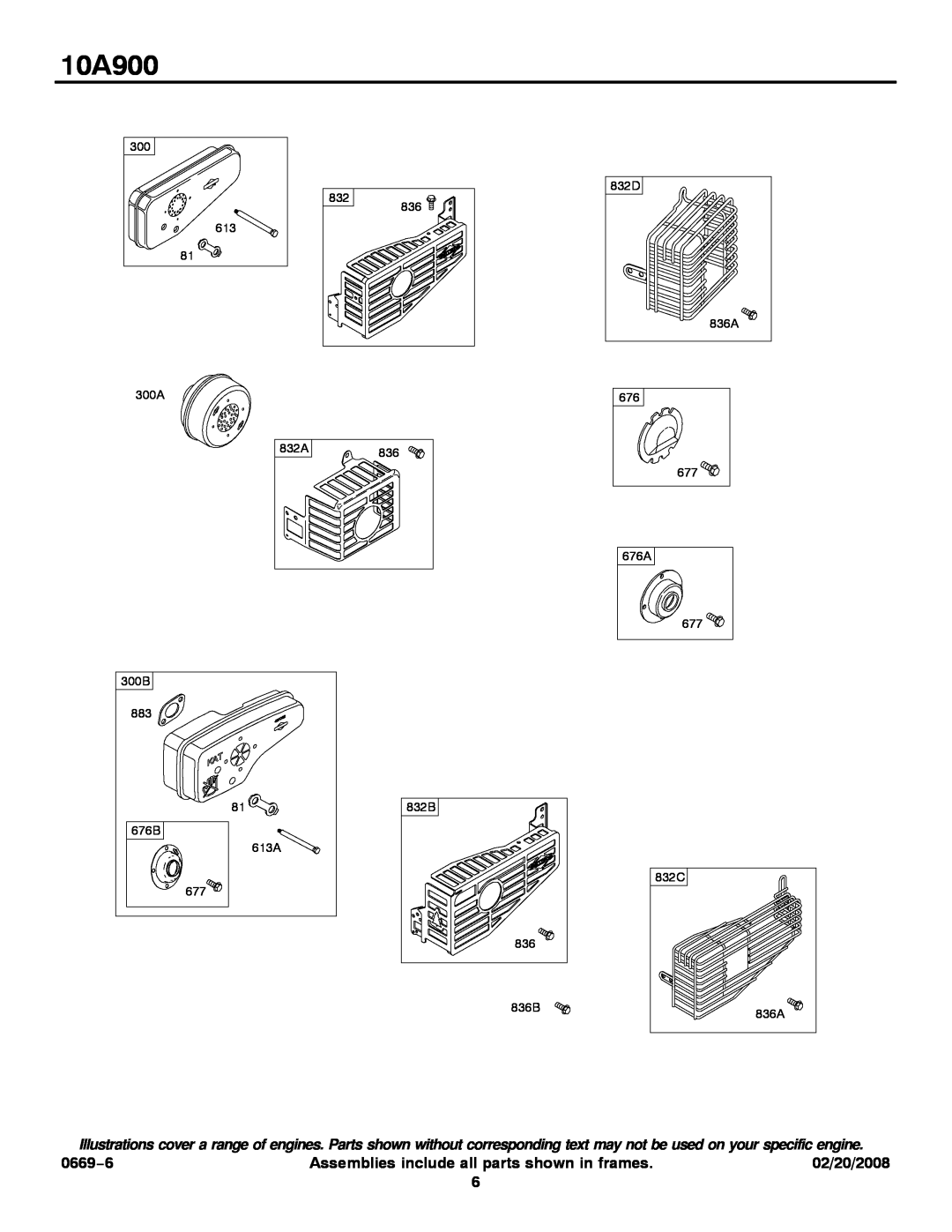 Snapper 10A900 service manual 0669−6, Assemblies include all parts shown in frames, 02/20/2008 