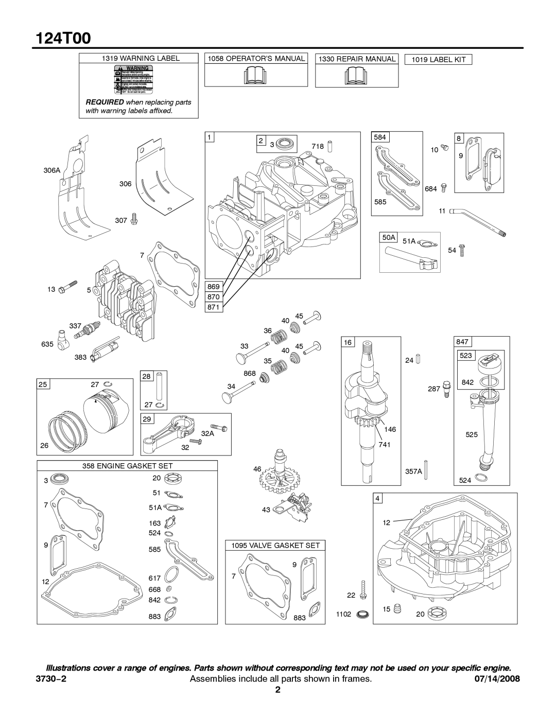 Snapper 124T00 service manual Engine Gasket SET 