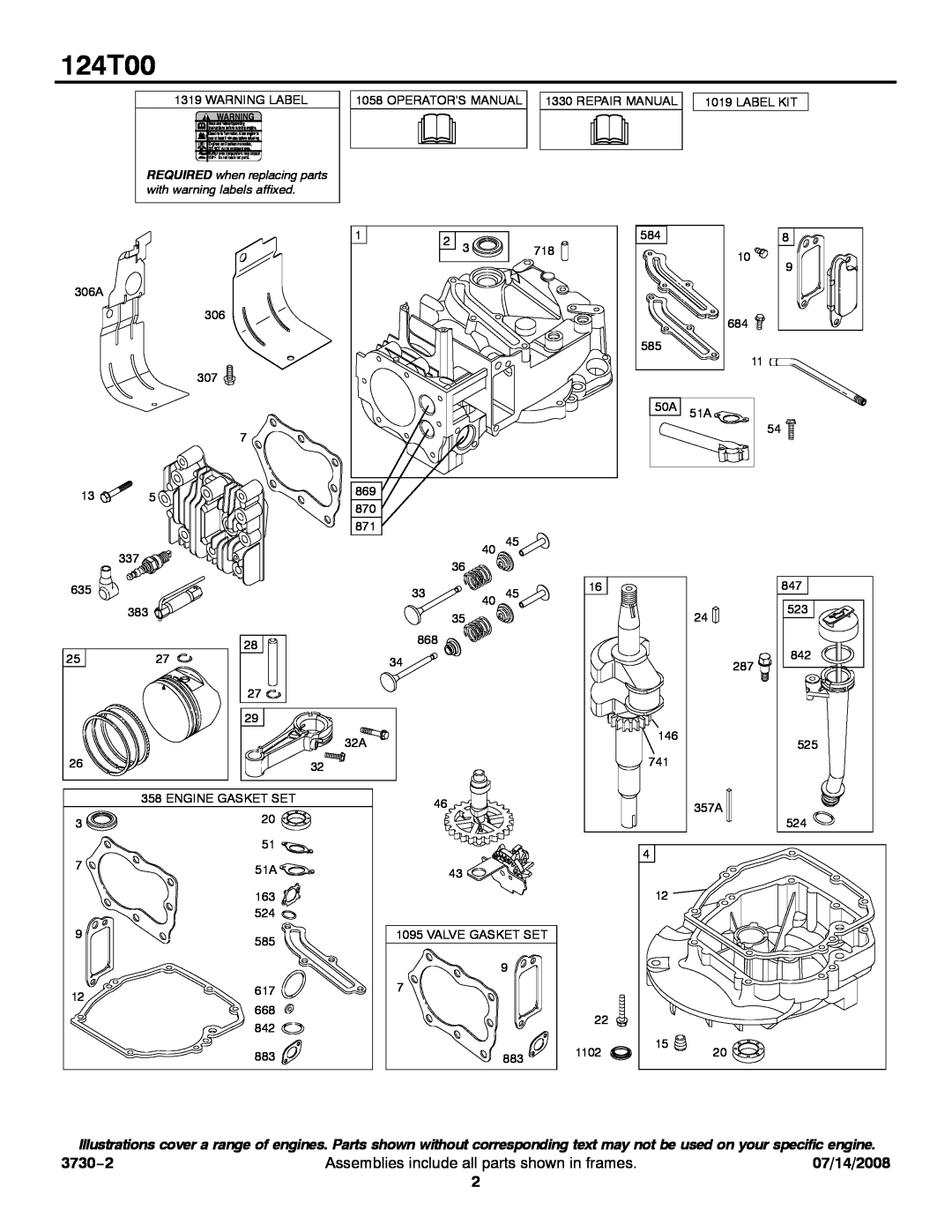 Snapper 124T00 service manual 3730−2, Assemblies include all parts shown in frames, 07/14/2008 