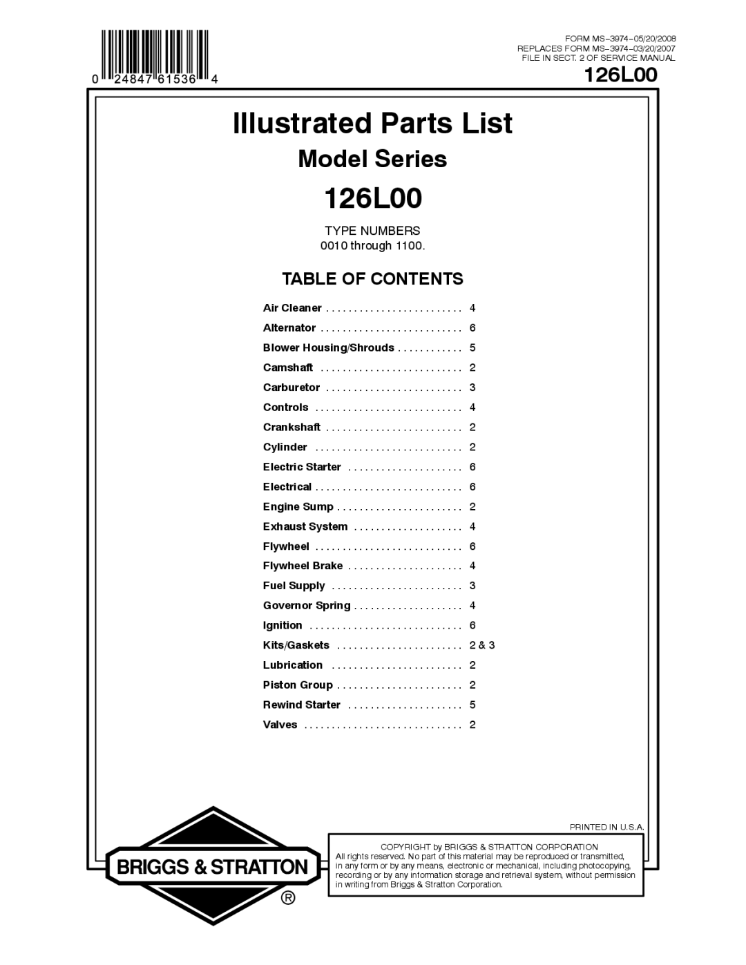 Snapper 126L00 service manual Illustrated Parts List 