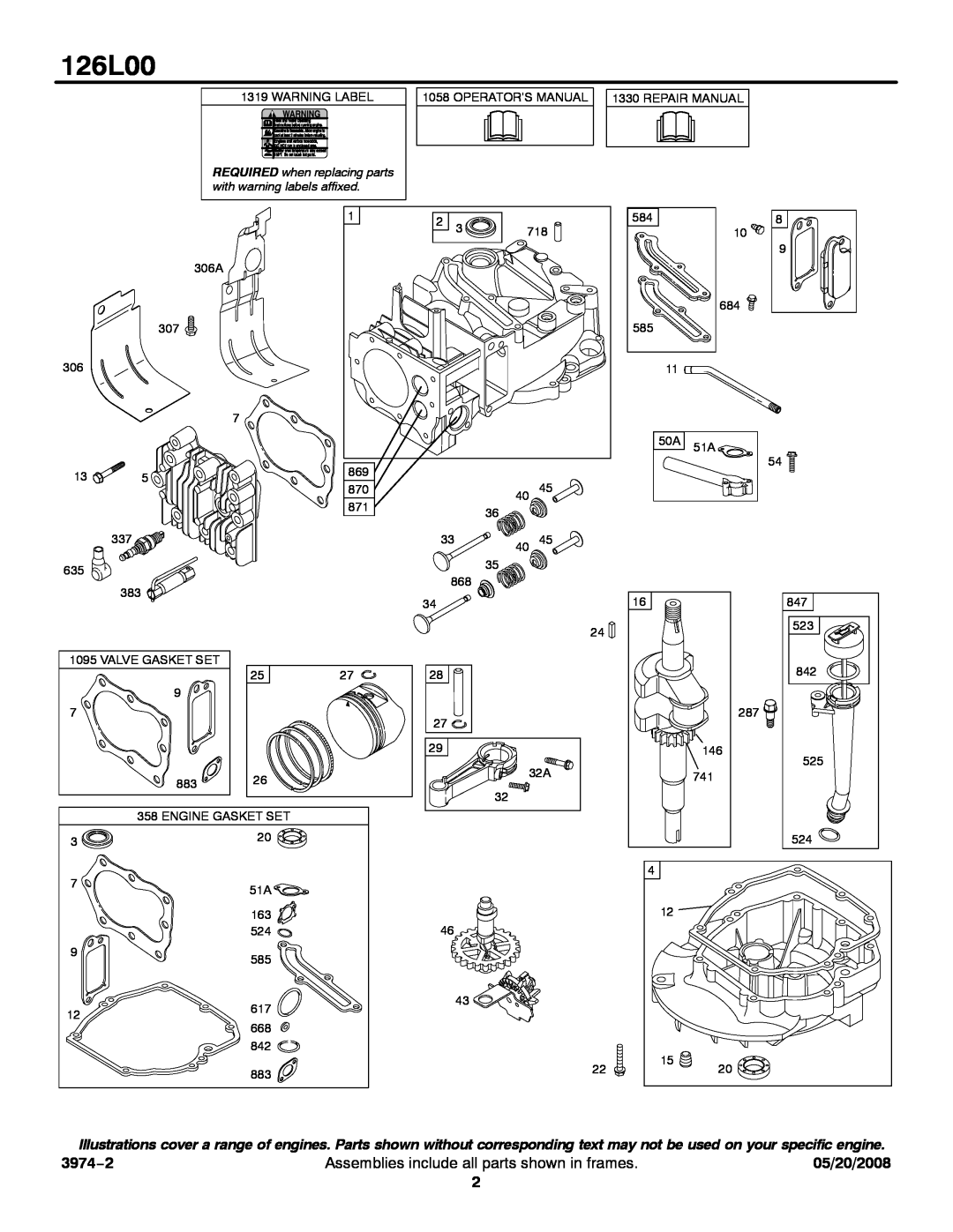 Snapper 126L00 service manual 3974−2, Assemblies include all parts shown in frames, 05/20/2008 