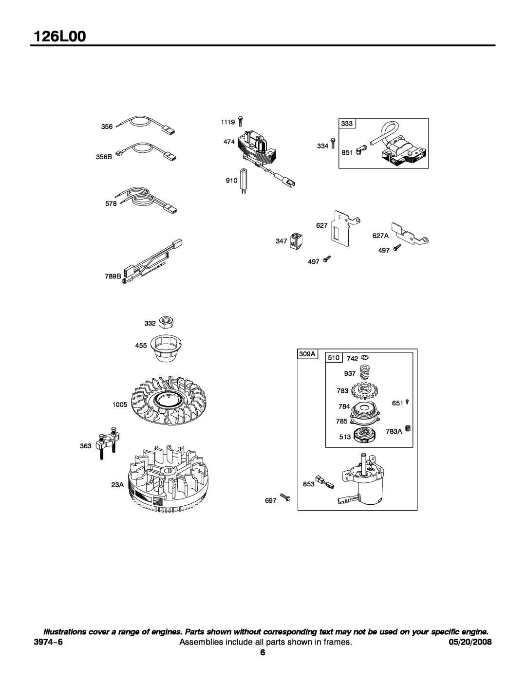 Snapper 126L00 service manual 3974−6, Assemblies include all parts shown in frames, 05/20/2008 