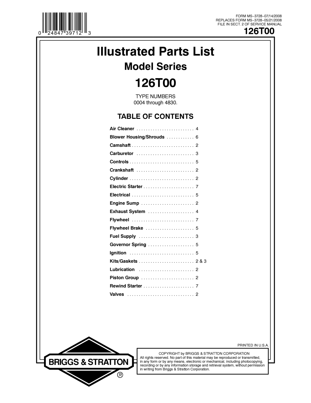 Snapper 126T00 service manual Illustrated Parts List 