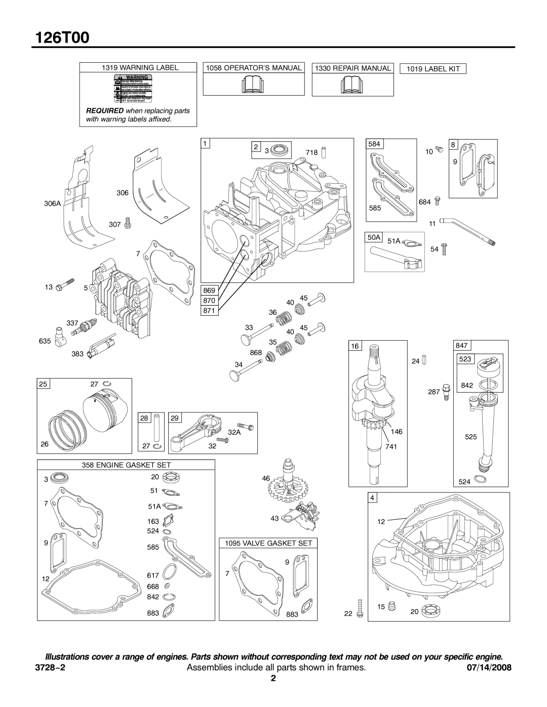 Snapper 126T00 service manual Engine Gasket SET 