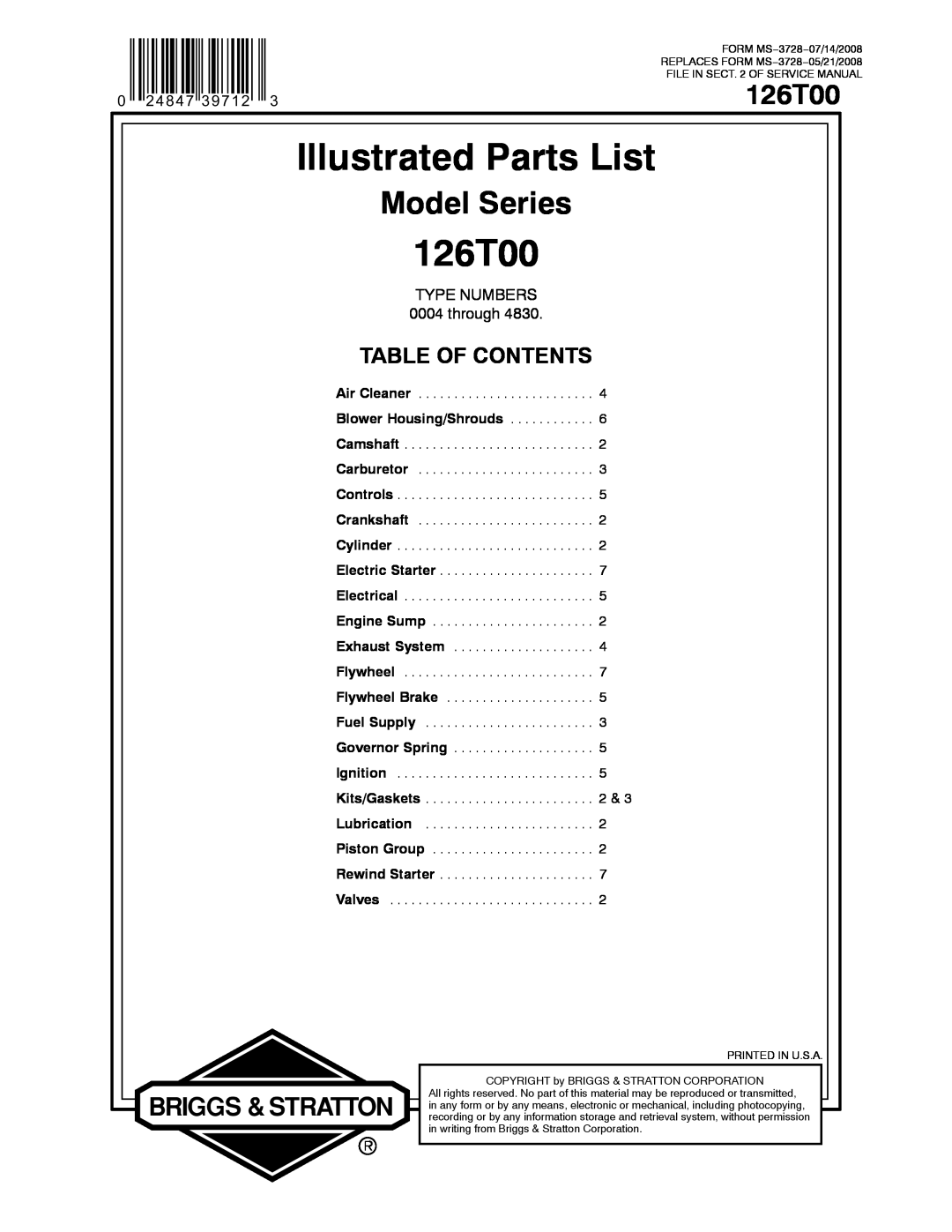 Snapper 126T00 service manual Illustrated Parts List, Model Series, Table Of Contents, TYPE NUMBERS 0004 through 