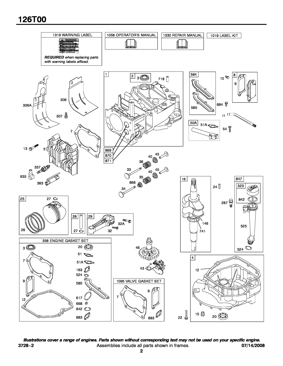 Snapper 126T00 service manual 3728−2, Assemblies include all parts shown in frames, 07/14/2008 