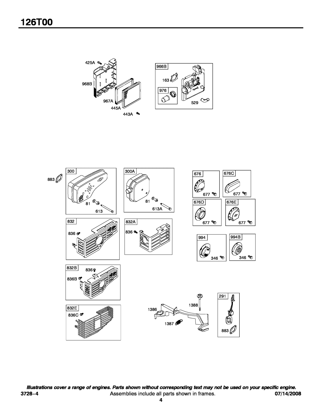 Snapper 126T00 service manual 3728−4, Assemblies include all parts shown in frames, 07/14/2008 