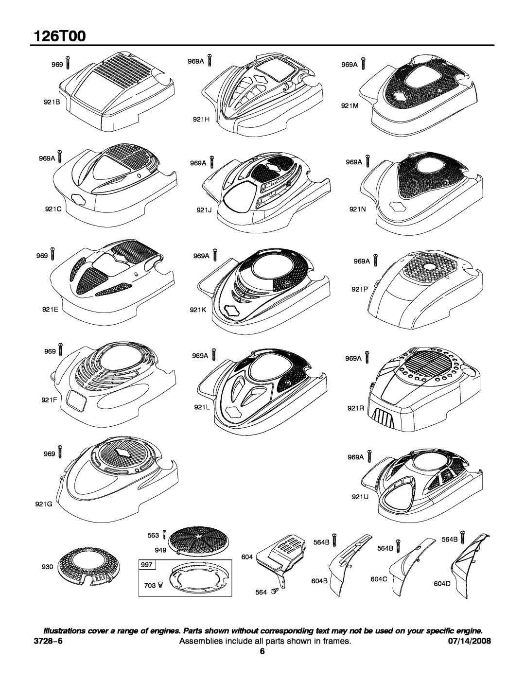 Snapper 126T00 service manual 3728−6, Assemblies include all parts shown in frames, 07/14/2008, 921B 