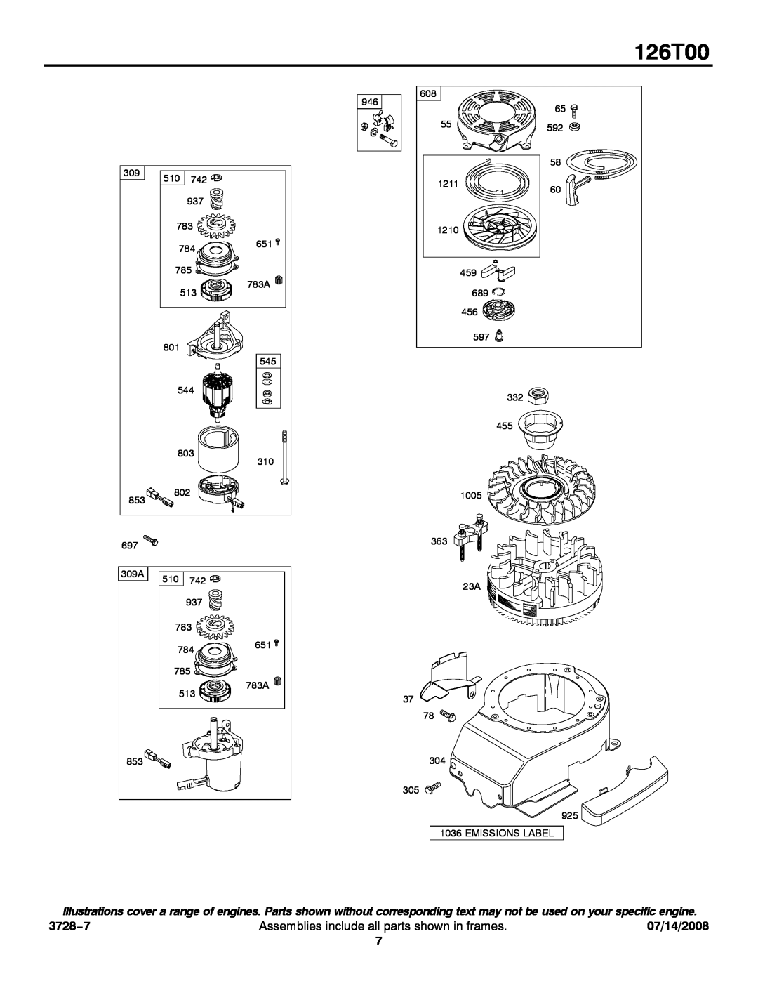 Snapper 126T00 service manual 3728−7, Assemblies include all parts shown in frames, 07/14/2008 