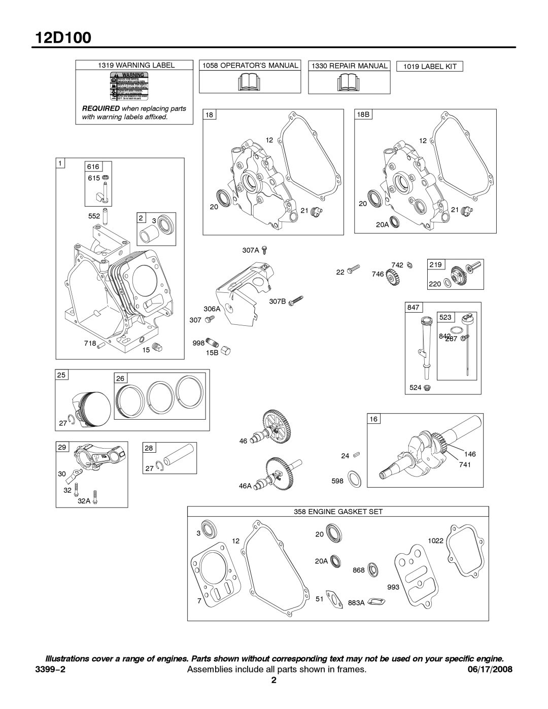 Snapper 12D100 service manual Required when replacing parts 