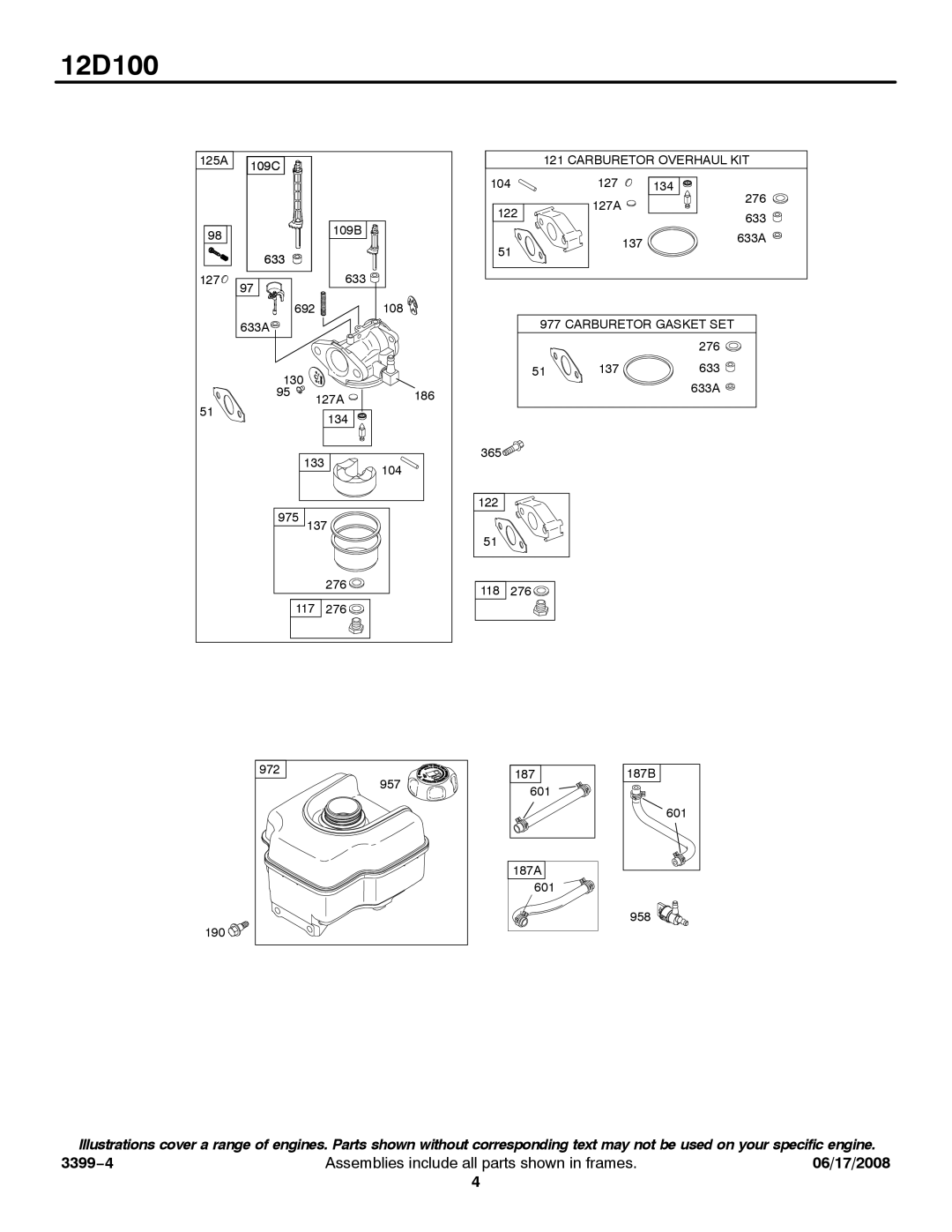 Snapper 12D100 service manual Carburetor Overhaul KIT 