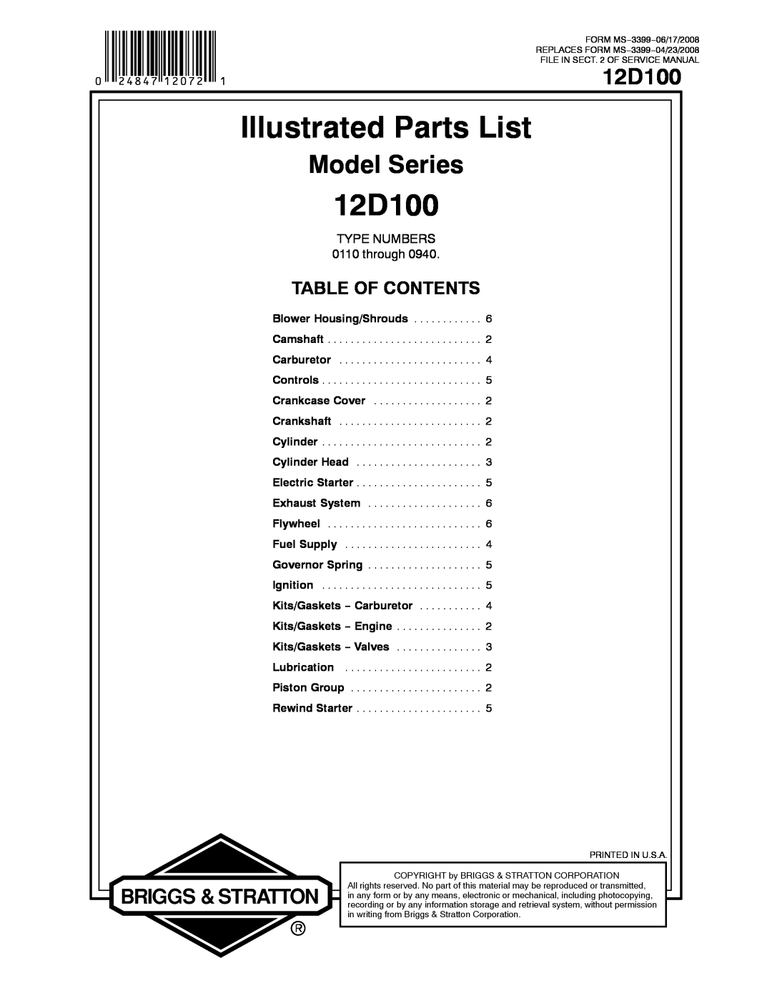 Snapper 12D100 service manual Illustrated Parts List, Model Series, Table Of Contents, TYPE NUMBERS 0110 through 