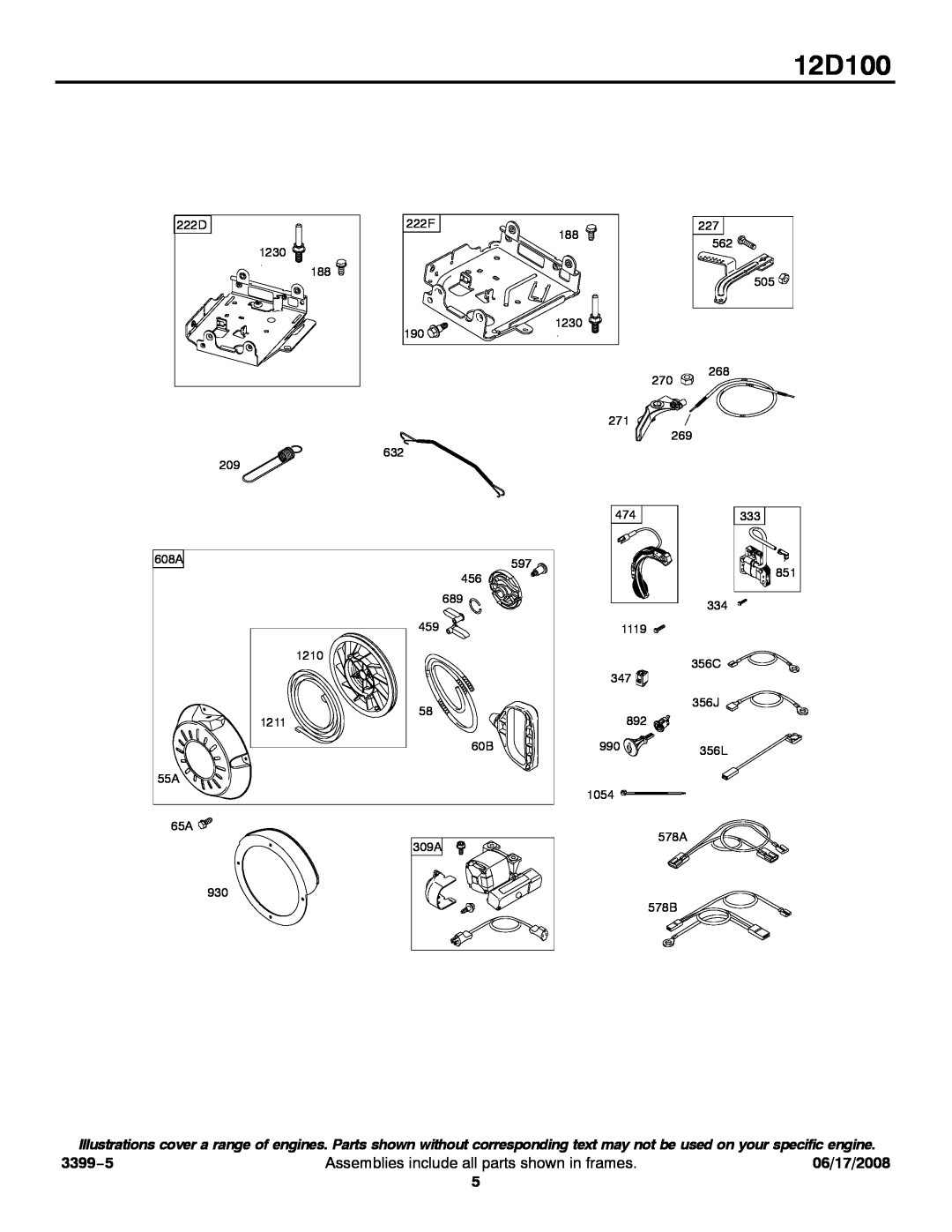 Snapper 12D100 service manual 3399−5, Assemblies include all parts shown in frames, 06/17/2008 