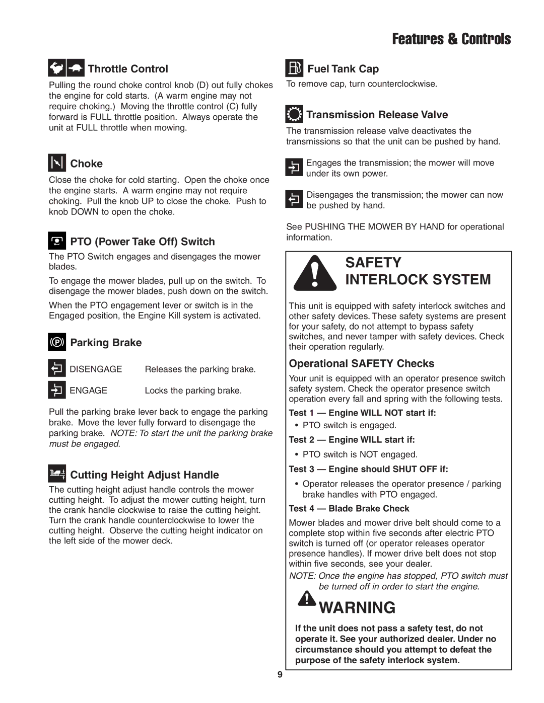 Snapper 13HP manual Features & Controls 