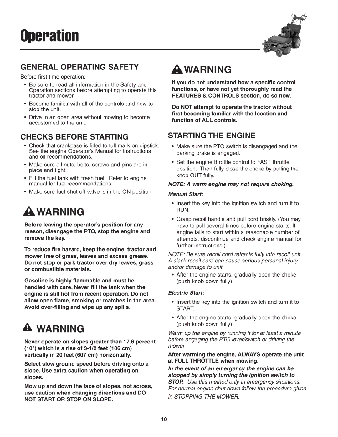 Snapper 13HP manual General Operating Safety, Checks Before Starting, Starting the Engine 